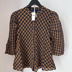 Anthropologie Navy and Orange Plaid Button Down Shirt